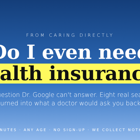 Blue gradient graphic reading “Do I even need health insurance?” with the words health insurance highlighted in yellow. Eight real searches, turned into what a doctor would ask you back. From Caring Directly.