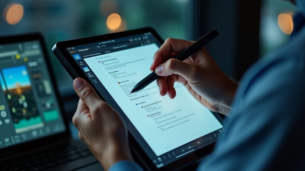 Close-up view of a pilot using a translation tool on a tablet