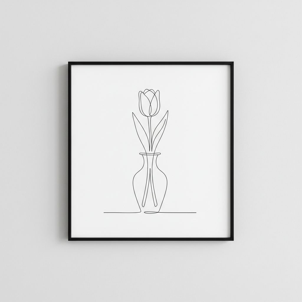 Quadro Line Art Tulipa em Vaso – A4 Moldura Tradicional