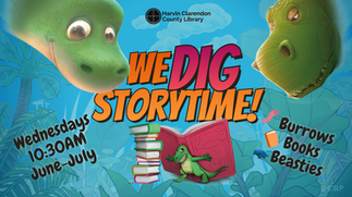 Large dinosaurs look at a book being held up by a small dinosaur.