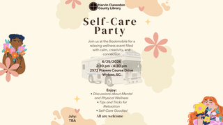 Flowers and shapes on neutral colored background with an image of the bookmobile and illustrations of women holding flowers with their eyes closed