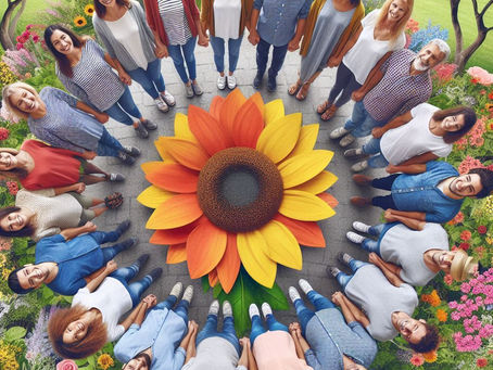 A sunflower with a group of people standing around it in a circle