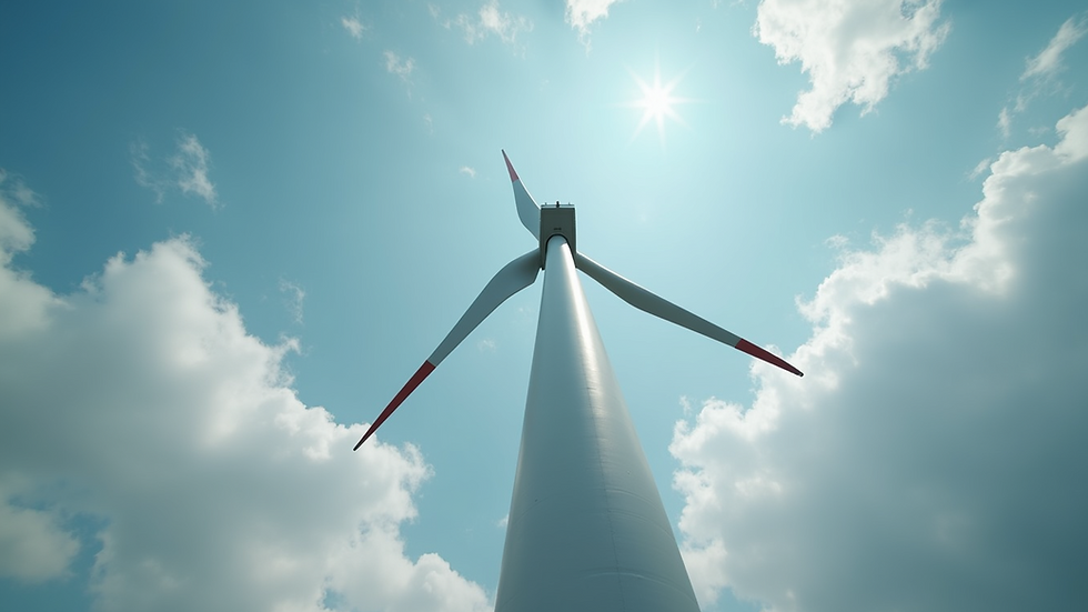 Eye-level view of a wind turbine in an industrial area