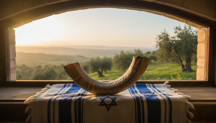 Wide-angle view of a shofar resting on a prayer shawl by a window at sunrise.