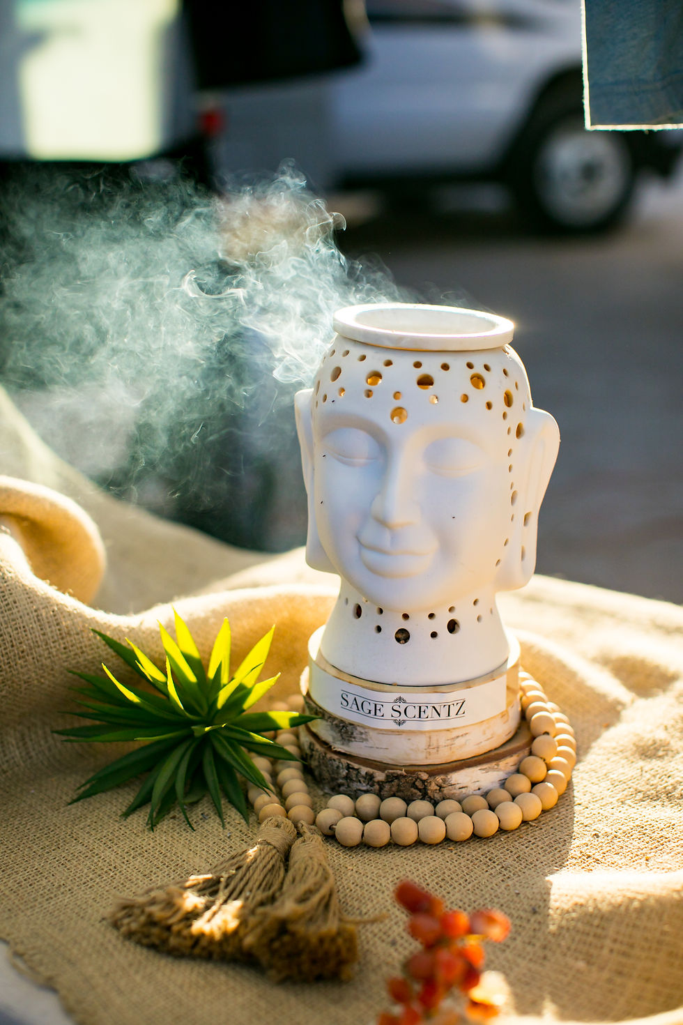 a ceramic sculpture of a face is releasing aromatherapy steam
