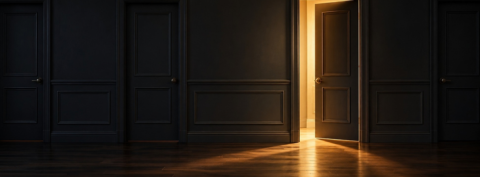 A neat charcoal hallway has one door partly open, with warm light spilling across the floor.