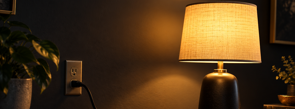 A glowing table lamp sits on a wooden surface with its black cord visibly plugged into a wall outlet, illustrating dependence on a source of power.