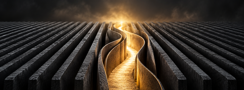 A rigid charcoal pattern opening into an organic path of warm gold light, representing old programming giving way to healthy new normals and God-given identity.