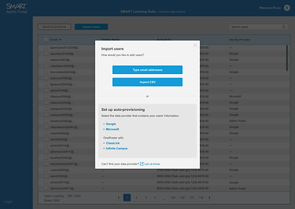 Historical admin portal screen showing provisioning of users modal. The top shows two buttons for typing in email addresses and importing a CSV. the bottom section shows "setup auto-provisioning" with various data providers like Google and ClassLink.