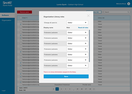The edit library roles modal with a list of users all with an assigned role of editor. There is a warning at the bottom in red text stating "There is no Library Administrator assigned to the library" with the save button lit up