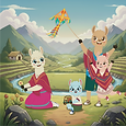 Ausmalbild von Laly Lama mit Daten, Mama Lama und Papa Lama im Heiligen Tal