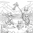 Página para colorear de Laly Llama y su familia en el Valle Sagrado, Cusco, Perú.