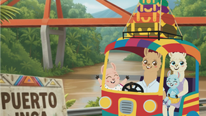 Laly llama y su familia llegando muy emocionados en su colorido tuk tuk a la amazonia peruana en Puerto Inca, Huanuco, Peru.