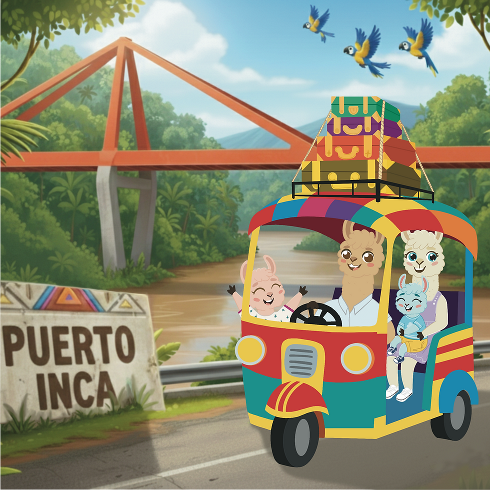 Laly Llama and her cheerful family arrive in Puerto Inca, Huanuco, Peru, aboard their vibrant tuk-tuk, ready for new adventures.
