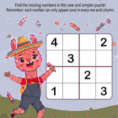 An educational activity sheet titled "LALY LLAMA'S SUDOKU - ACTIVITY 3 (1st GRADE)". Below the title, the instructions read: "Find the missing numbers in this new and simpler puzzle! Remember: each number can only appear once in every row and column." A friendly cartoon llama character, wearing a straw hat with a colorful band, overalls, and a striped shirt, stands to the left of a $4 \times 4$ Sudoku grid, smiling and pointing to the puzzle. The grid is partially filled with numbers: row 1: 4, empty, empty, 2; row 2: empty, 3, empty, empty; row 3: empty, empty, 2, empty; row 4: 1, empty, empty, 3. The background is a soft blue gradient field with scattered small floating crystals, leaves, and pink stars, all in a clean, approachable children's book illustration style. The bottom of the page has a footer bar with the text "Laly Llama's Educational Children's Books" and a small open book icon.
