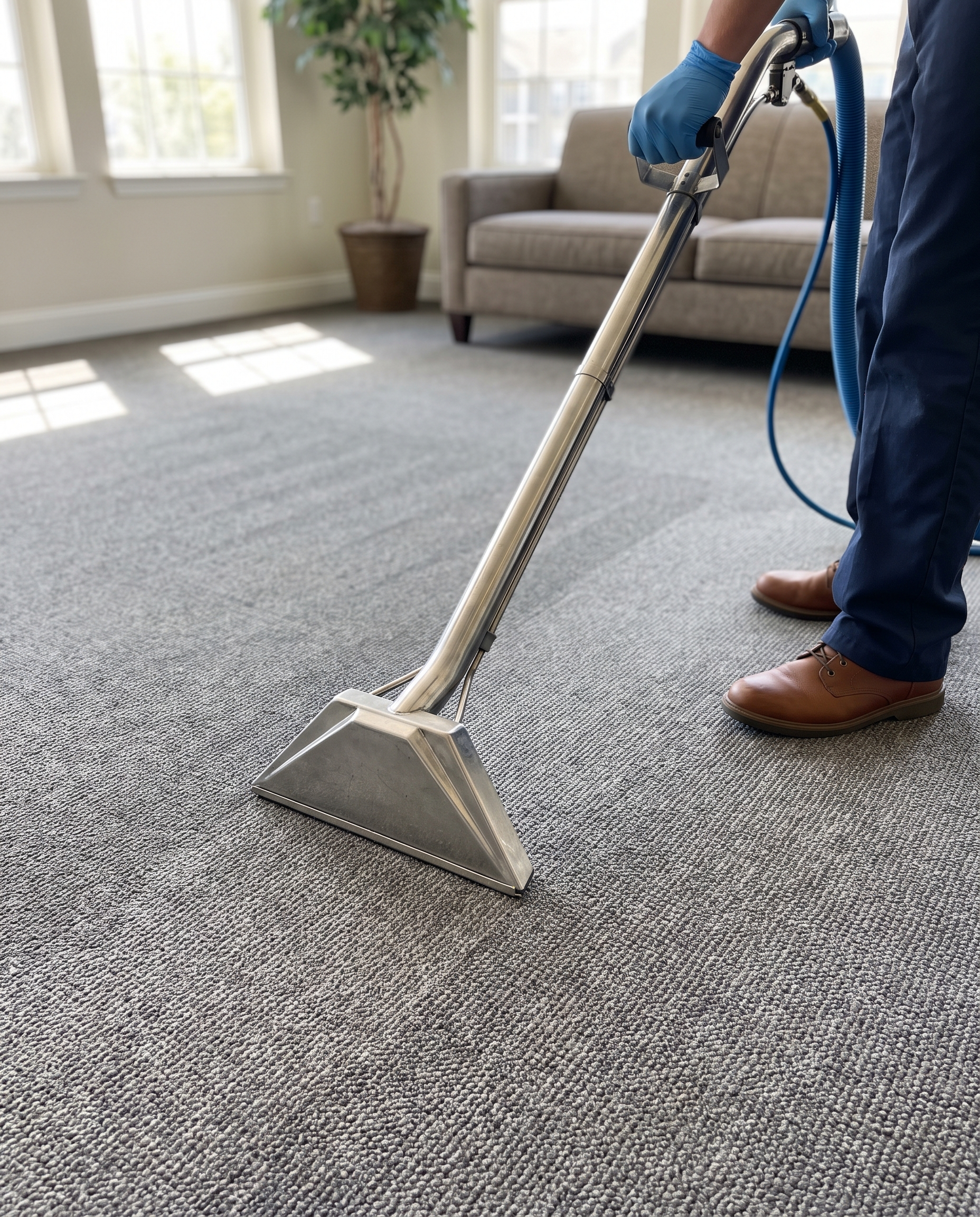 Professional carpet extraction in a naturally lit community lounge