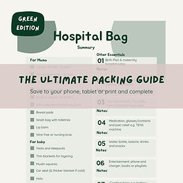 Images depicting an aesthetic hospital bag checklist for birth to help expecting mothers know what to pack for their baby and themselves. Includes a section for essentials for birth partner to bring to hospital.
