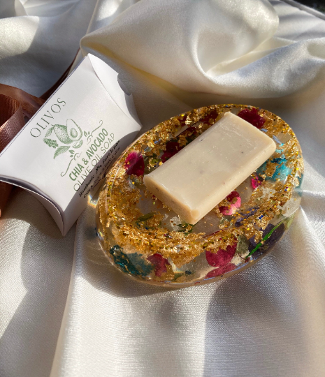 Porte savon transparent incrusté de fleurs séchées colorées et feuilles d'or