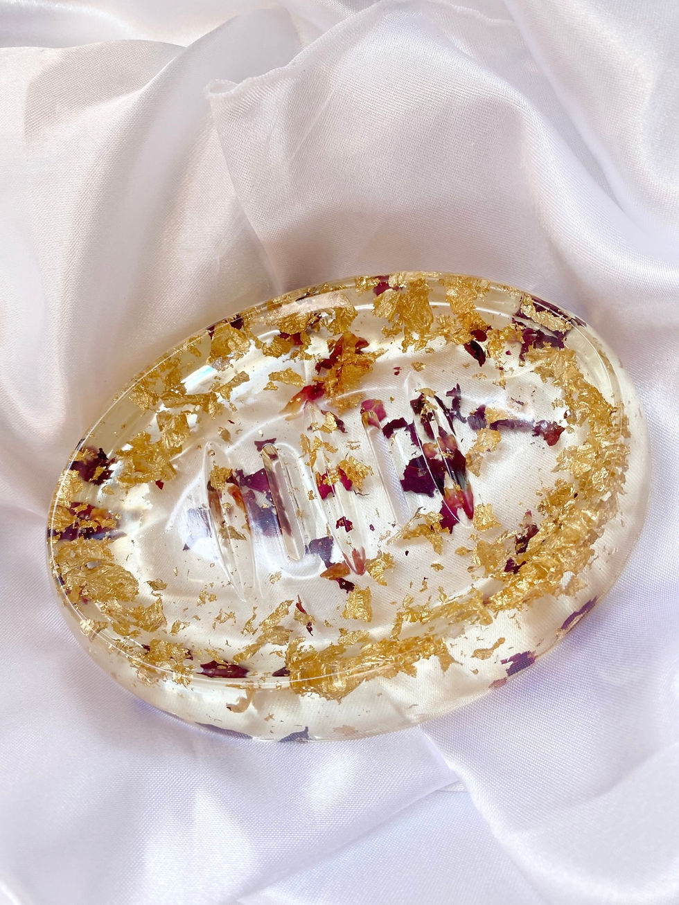 Miniature : Porte savon transparent incrusté de fleurs séchées colorées et feuilles d'or