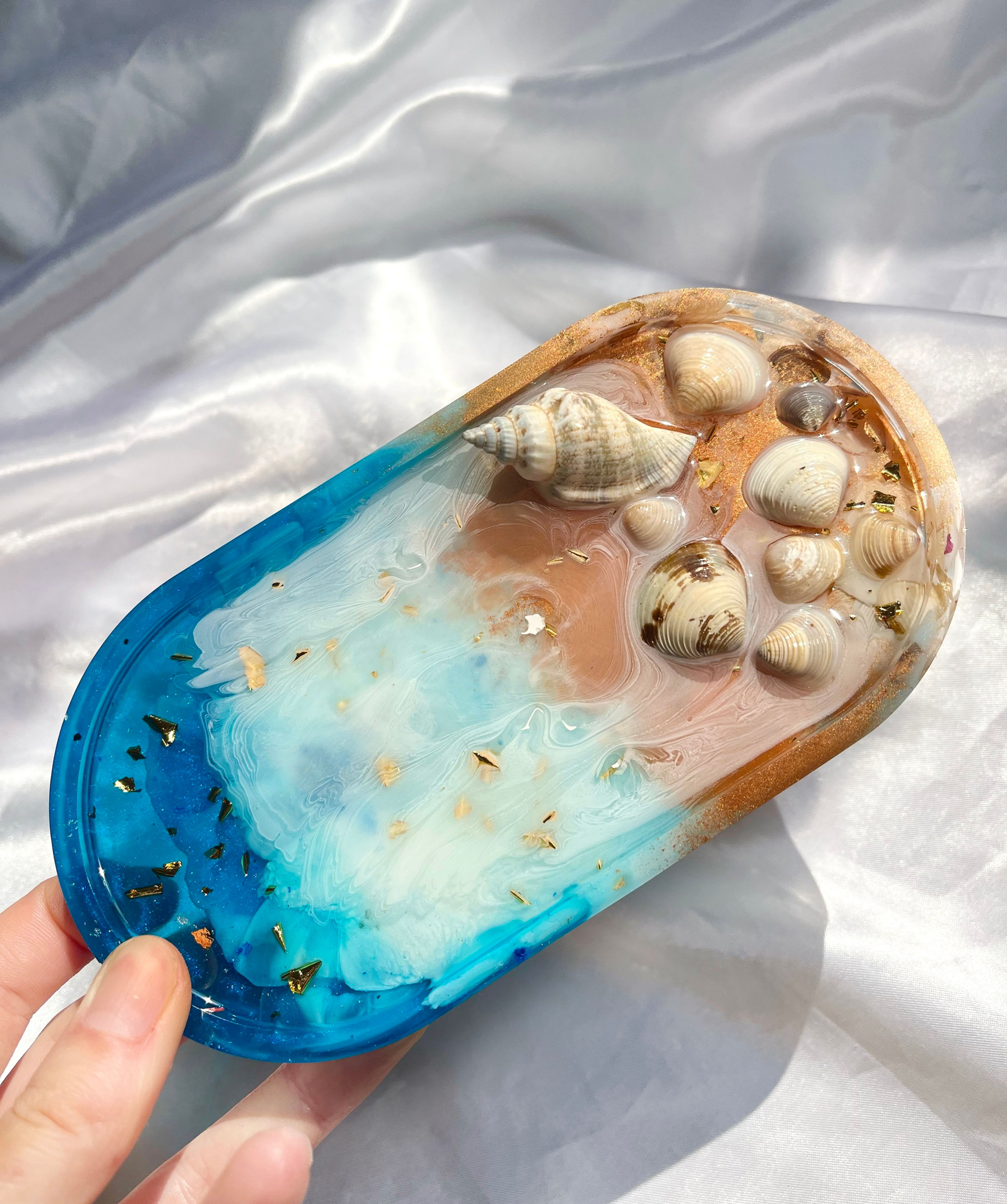 Plateau effet Océan en résine - Décoration plage et coquillages