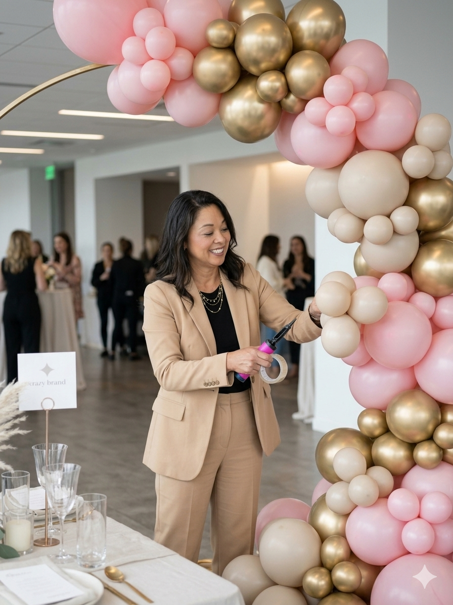 Smiling woman arranging a pink and gold balloon arch.
