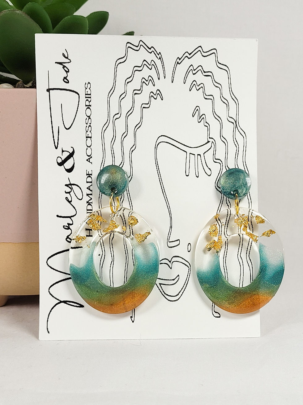 Oval Shaped Bronze and Green Resin Dangle Earrings