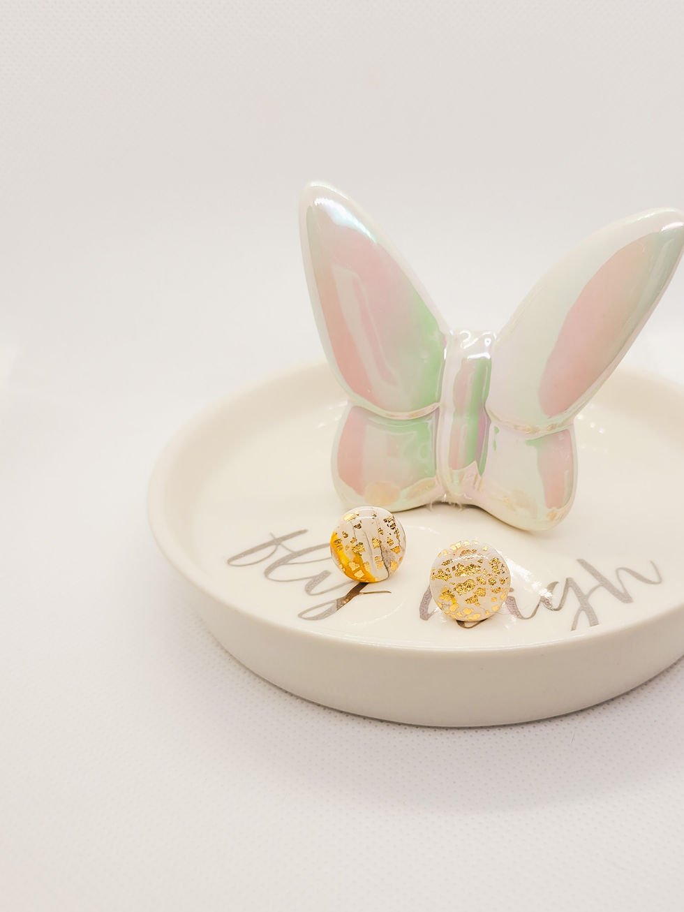 Marbled White and Gold Stud Earrings