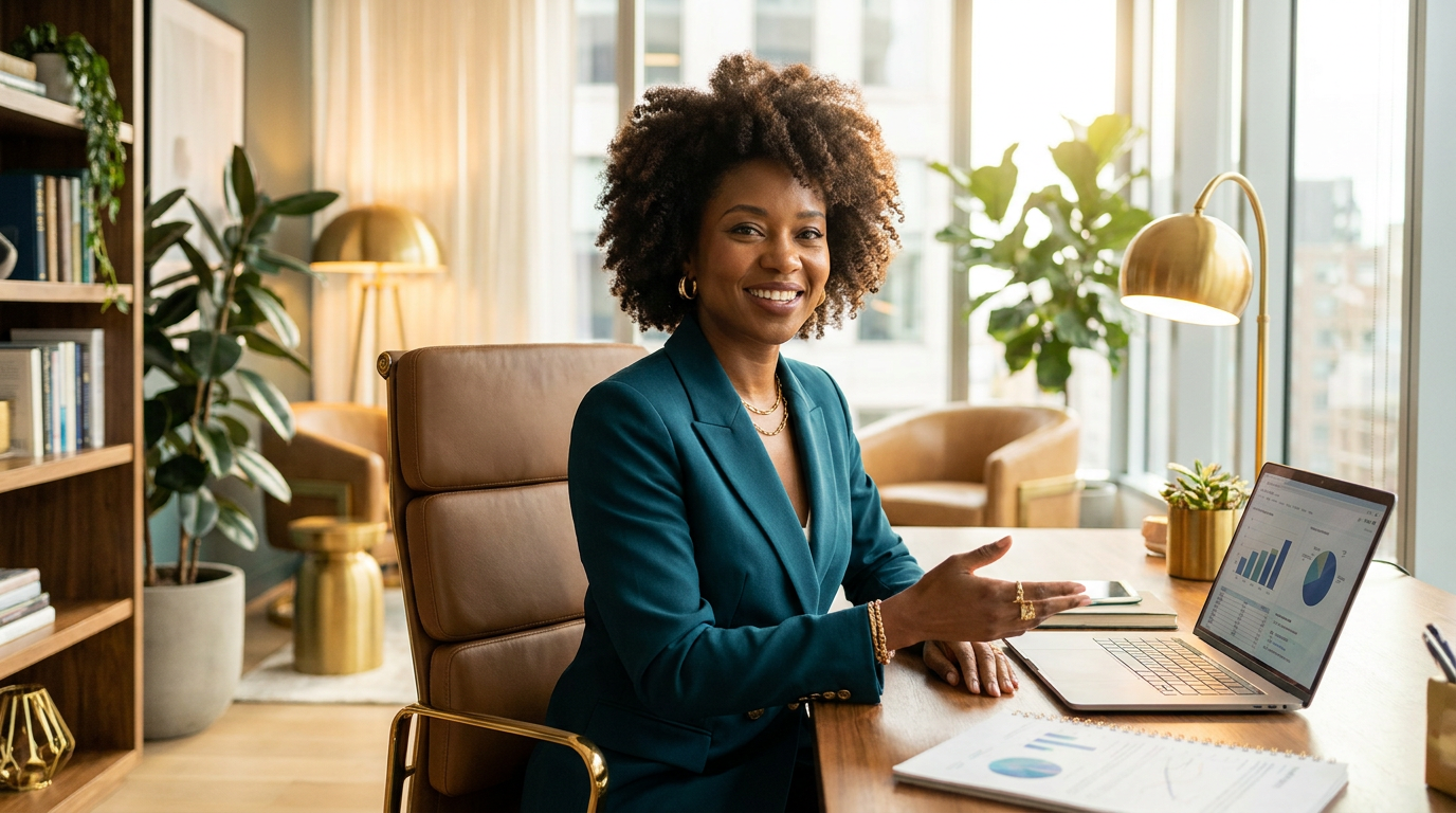 A consultant welcoming a client in a modern office