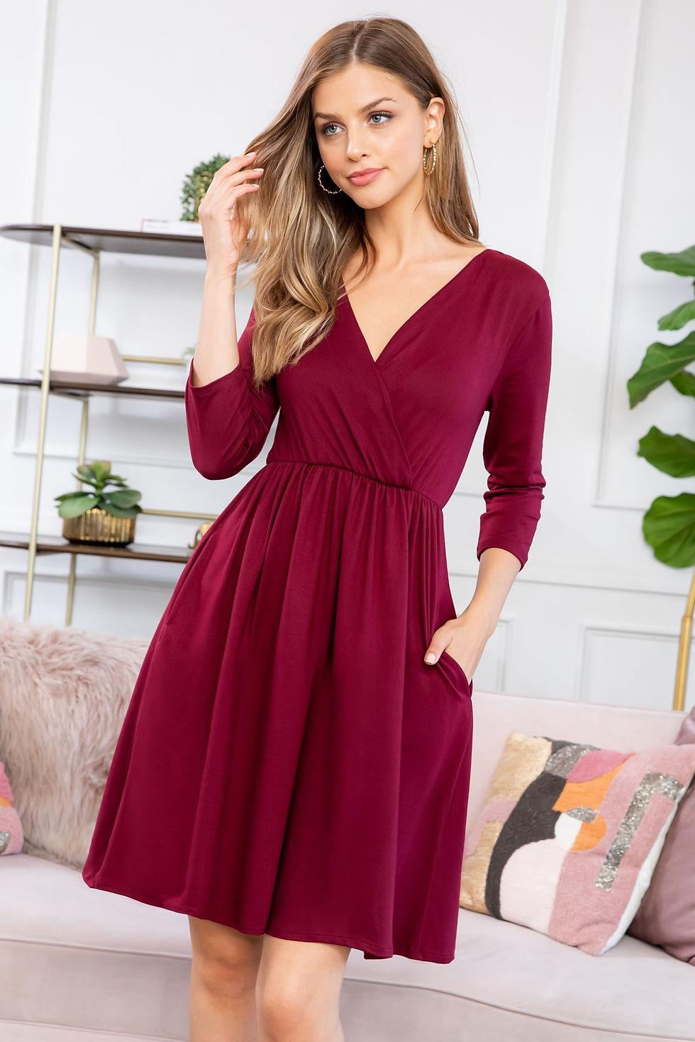 Thumbnail: Solid 3/4 Wrap Surplice Midi Dress
