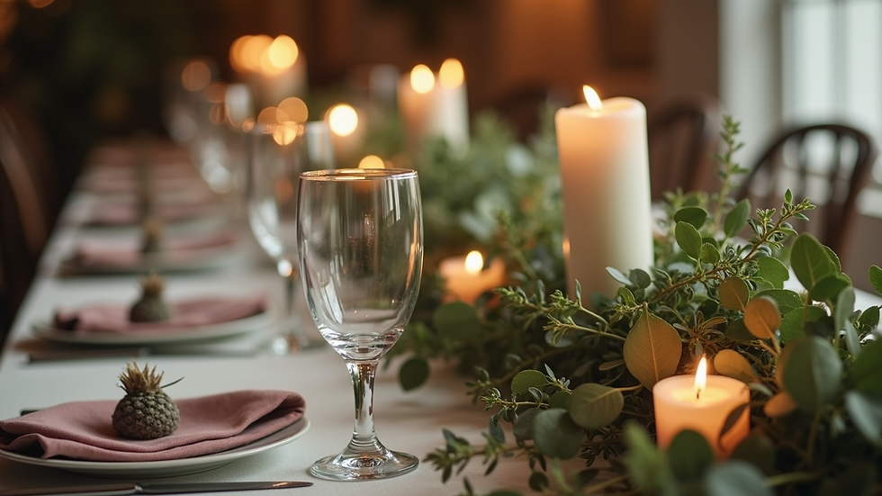Close-up view of a wedding table centerpiece with greenery and soft candlelight