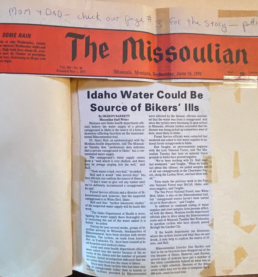 A photo of a newspaper article from 1976 taped in a scrapbook. The newspaper is The Missoulian and the article title is "Idaho Water Could Be Source of Bikers' Ills."