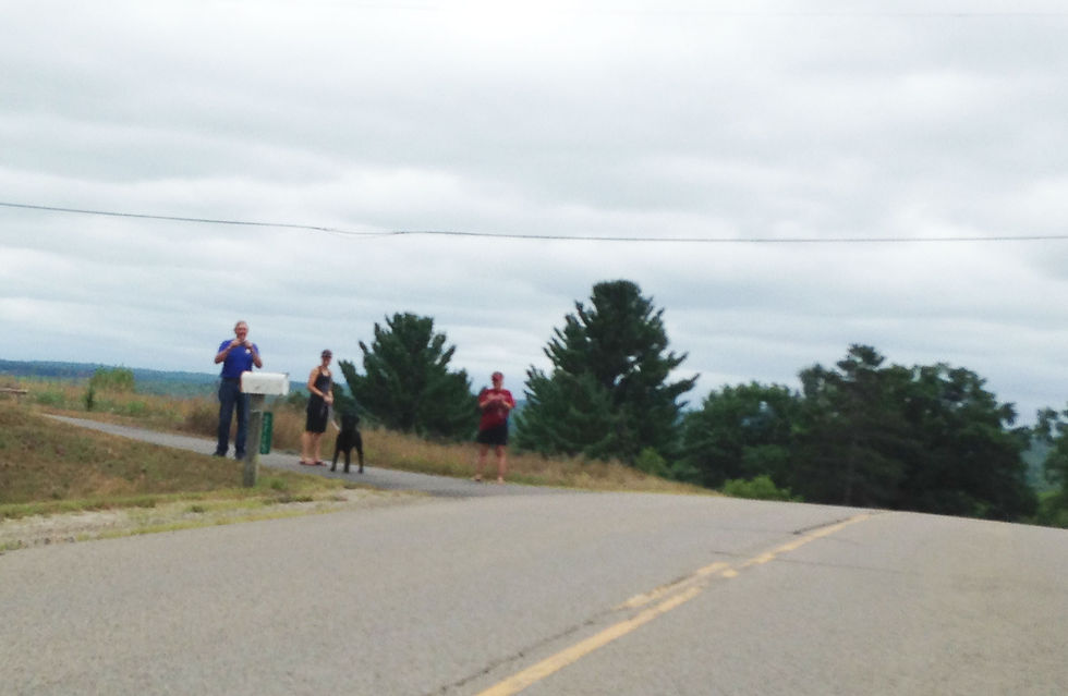 A man, two women, and a black Lab stand on a driveway on the left side of a road at the top of a hill.