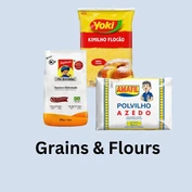 Three Brazilian flour products including Da Terrinha tapioca, Amafil polvilho azedo, and Yoki kimilho flocão, shown on a light blue background above the title “Grains & Flours”.