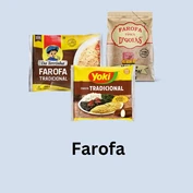 Three packs of Brazilian farofa including Yoki, Da Terrinha, and Farofa Típica D’Goiás, shown on a light blue background above the text “Farofa”.
