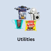 Brazilian kitchen utility items including a coffee filter, aluminium pans, Melitta coffee strainer, and Bombril steel wool, displayed on a light blue background with the word “Utilities”.