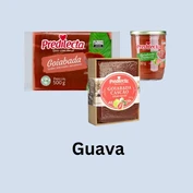 Three Predilecta goiabada products including guava paste bar, glass jar, and cascão style block, displayed on a light blue background with the title “Guava”.