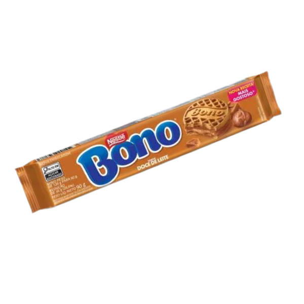 Thumbnail: Nestlé Bono Doce de Leite sandwich biscuits in golden-brown packaging, with caramel-flavored filling and embossed cookies.
