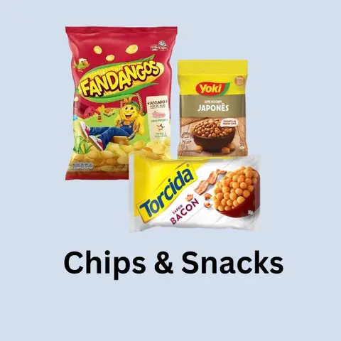 A trio of Brazilian snacks including Fandangos corn chips, Yoki amendoim japonês (Japanese peanuts), and Torcida bacon-flavoured snacks, shown above the text “Chips & Snacks” on a light blue background.