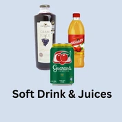Brazilian drinks including Guaraná Antarctica can, Casa Madeira grape juice, and Maguary caju juice bottle, displayed on a light blue background with the text "Soft Drink & Juices".