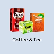 Three Brazilian beverages including Pilão ground coffee, Barão boldo tea, and Matte Leão loose-leaf mate tea, displayed on a light blue background with the title “Coffee & Tea”.