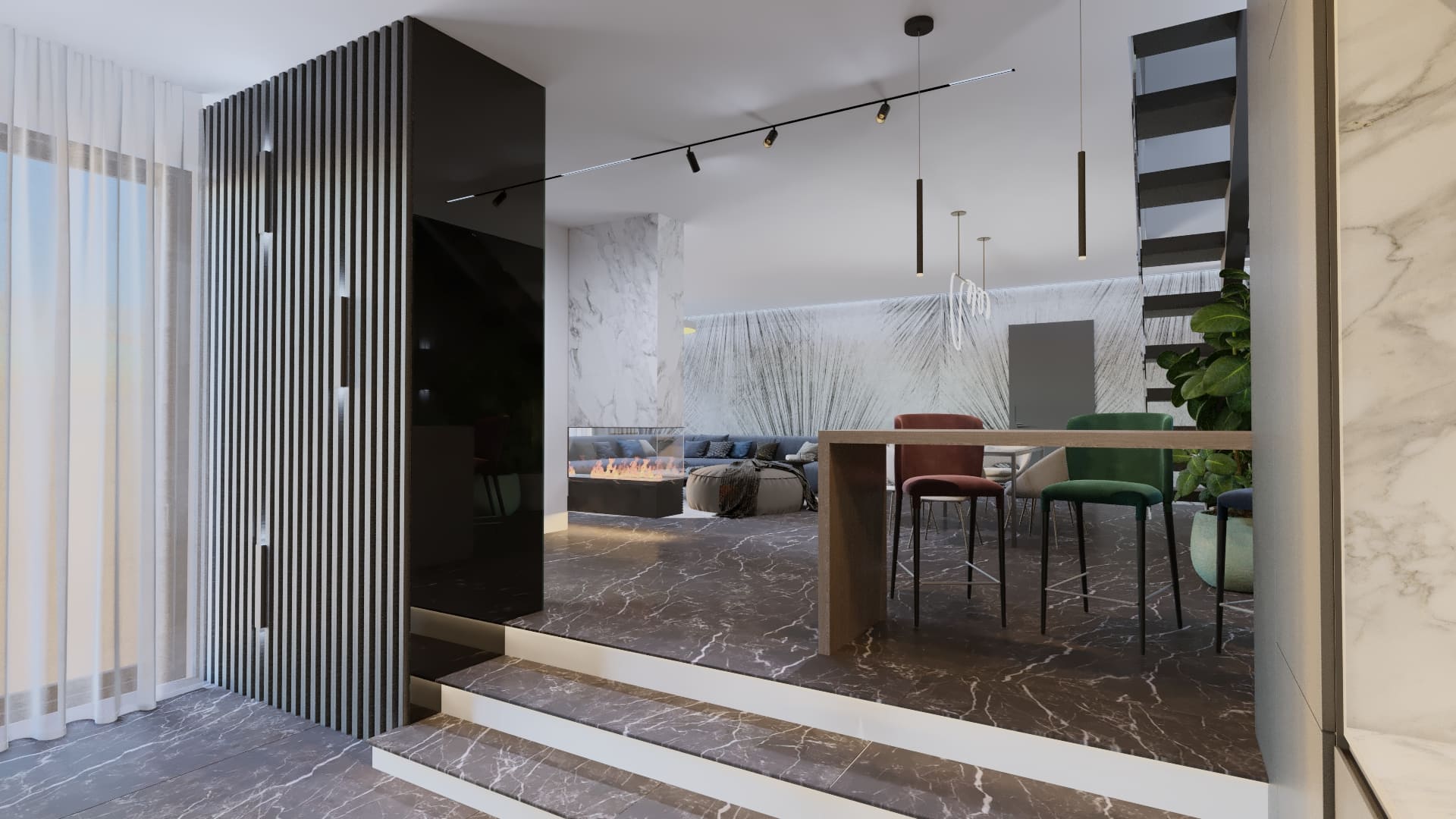 Coltar tapitat bleu deschis, Masuta de cafea din ceramica, Pardoseala placata cu ceramica, Taburet textil, Masa dining alba cu 6 locuri, scaune dining tapitate, corpuri de iluminat decorative cu led, semineu decorativ din sticla, tapet decorativ, Perdea in doua nuante, Scaune bar tapitate, Riflaje, Corpuri de iluminat decorative cu led
