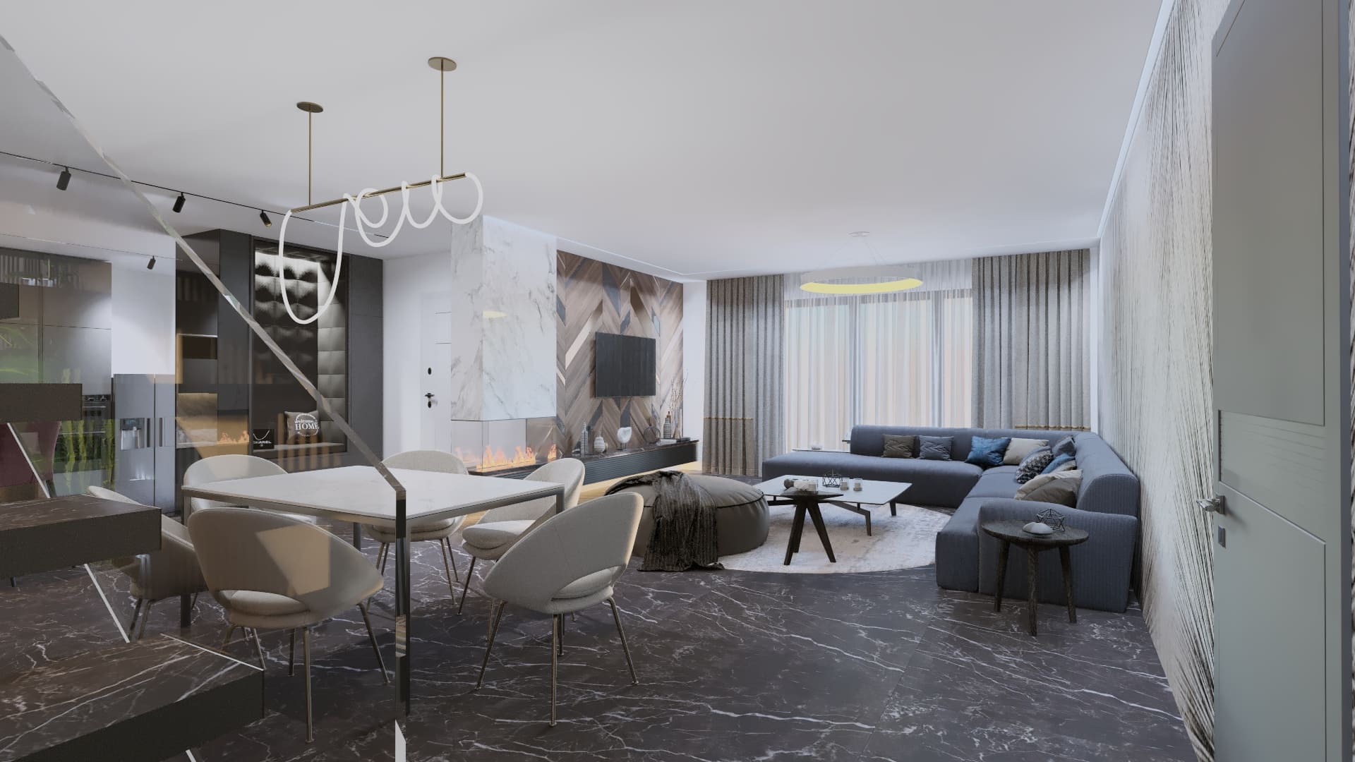 Coltar tapitat bleu deschis, Masuta de cafea din ceramica, Pardoseala placata cu ceramica, Perete TV placat cu ceramica si lemn, Taburet textil, Masa dining alba cu 6 locuri, Scaune bar tapitate, scaune dining tapitate, corpuri de iluminat decorative cu led, semineu decorativ din sticla, scara interioara placata cu ceramica, balustrada din sticla securizata, perete tapitat gri
