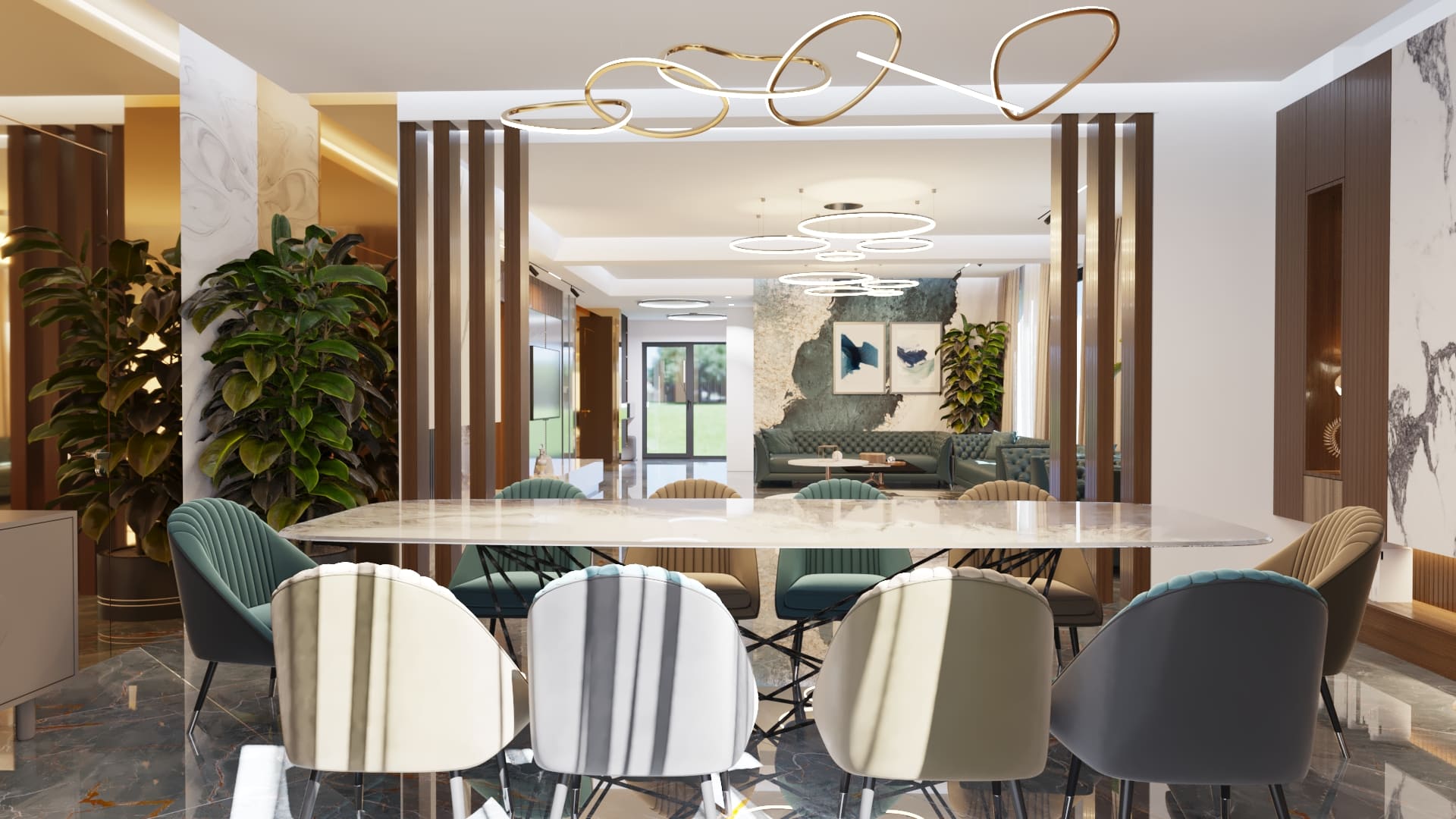 Masa dining de 10 locuri, Riflaje, Scaune dining tapitate, Mobilier vesela, Perdea in doua nuante, Mobilier TV placat cu ceramica, tapet decorativ,   Candelabru living led, Semineu placat cu ceramica, Perete placat cu oglinda gold bronze/usa filomuro