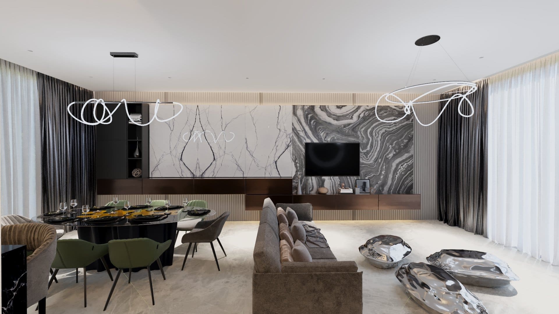 Living Modern. Canapea gri cu picioare de 3 persoane, Oglinda decorativa, Pereti placati cu ceramica, Masa cafea, Consola TV, Masa dining 6 persoane, Scaune bar, Perdele in doua nuante, Corpuri de iluminat cu led