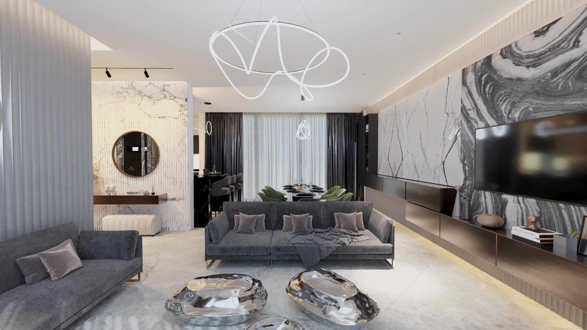 Living Modern. Canapea gri cu picioare de 3 persoane, Oglinda decorativa, Pereti placati cu ceramica, Masa cafea, Consola TV, Masa dining 6 persoane, Scaune bar, Perdele in doua nuante, Corpuri de iluminat cu led