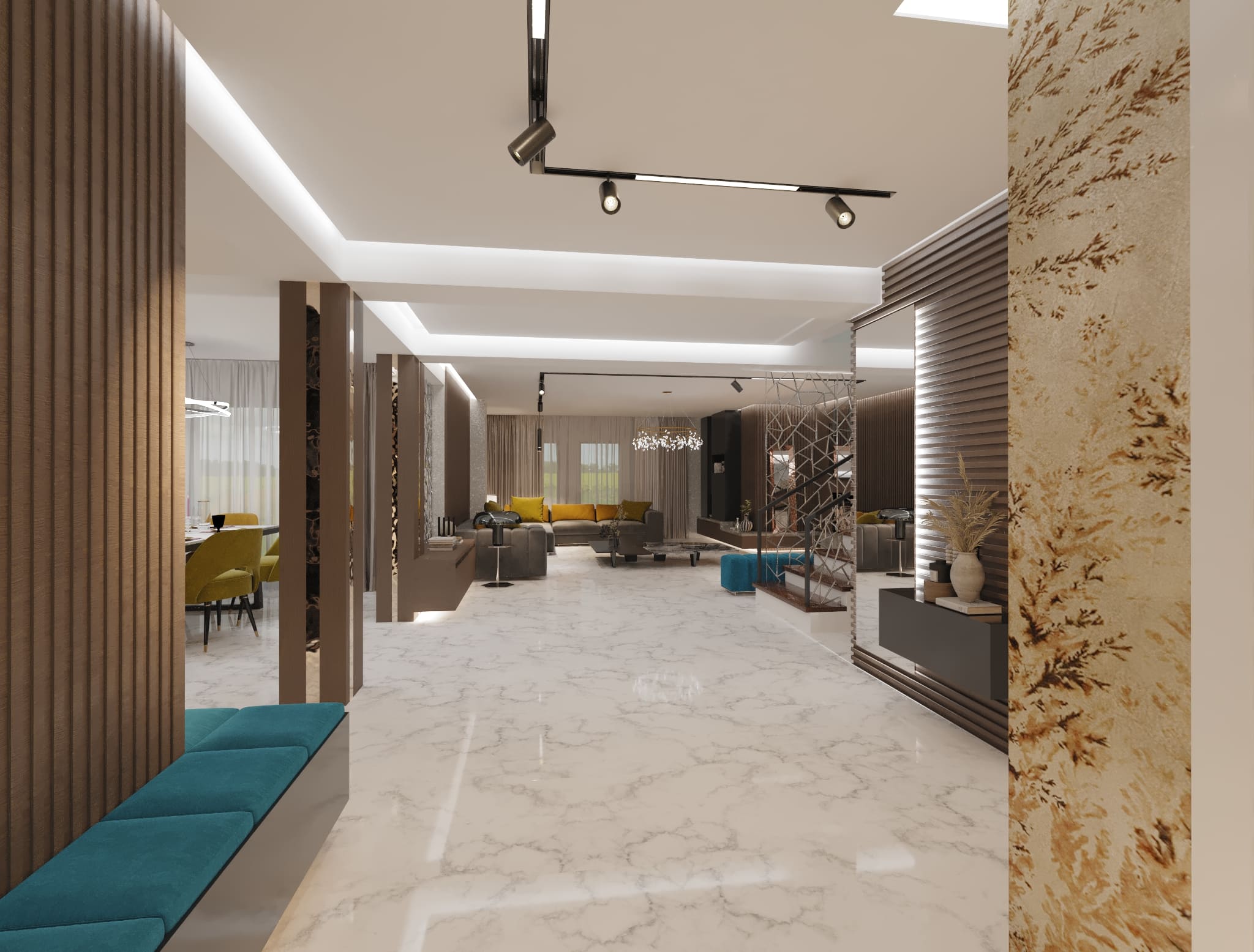 Pardoseala placata cu ceramica, Riflaje, Masuta de cafea din lemn, canapea gri din material textil cu doua locuri, Coltar gri din material textil, Candelabru cu iluminare led, banda de iluminare cu led, Oglinzi decorative, Taburet pantofar tapitat