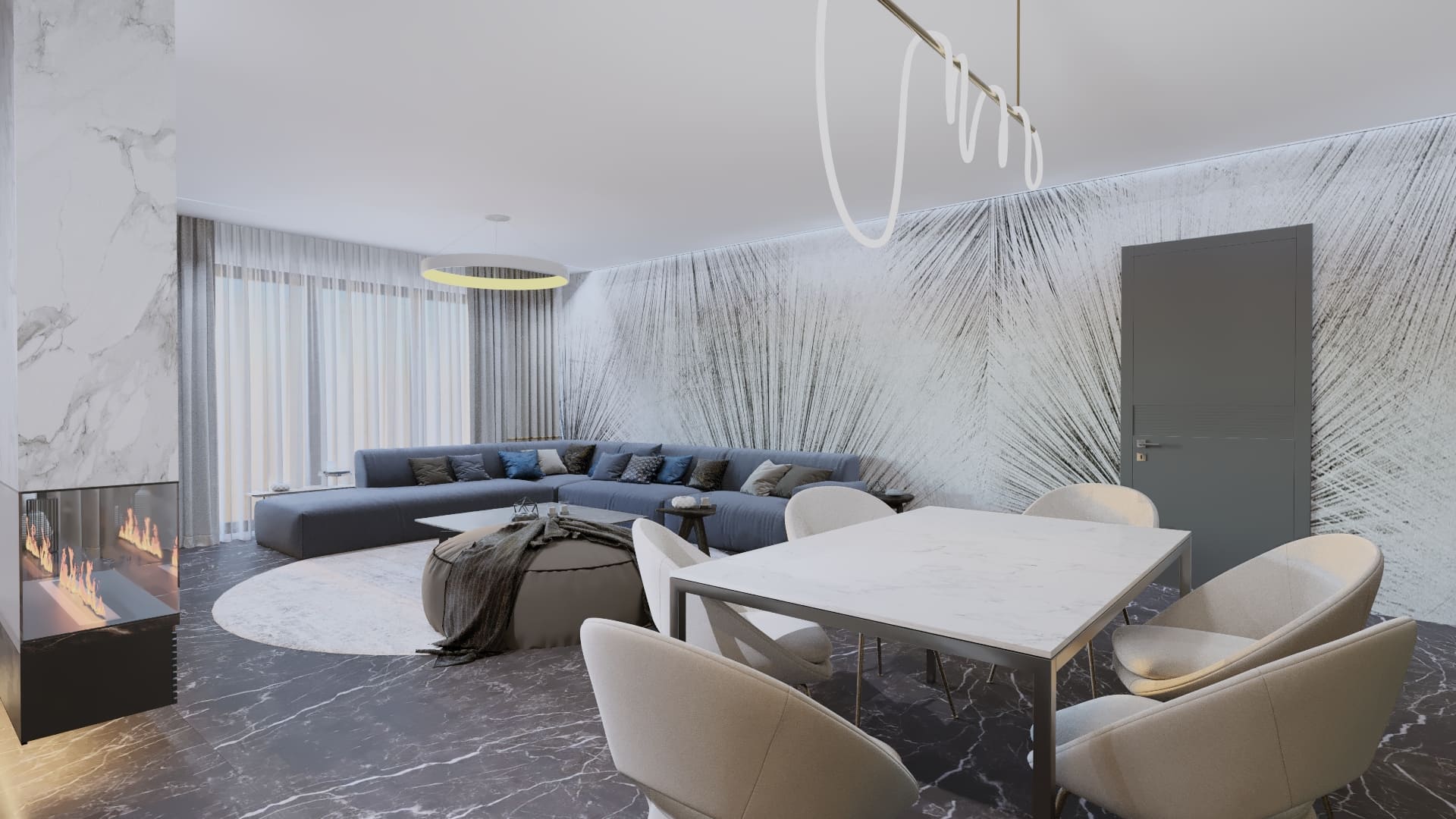 Coltar tapitat bleu deschis, Masuta de cafea din ceramica, Pardoseala placata cu ceramica, Taburet textil, Masa dining alba cu 6 locuri, scaune dining tapitate, corpuri de iluminat decorative cu led, semineu decorativ din sticla, tapet decorativ, Perdea in doua nuante