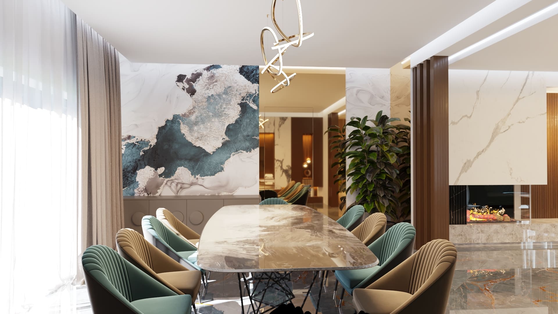 Masa dining de 10 locuri, Riflaje, Scaune dining tapitate, Mobilier vesela, Perdea in doua nuante, Mobilier TV placat cu ceramica, tapet decorativ,   Candelabru living led, Semineu placat cu ceramica, Perete placat cu oglinda gold bronze/usa filomuro