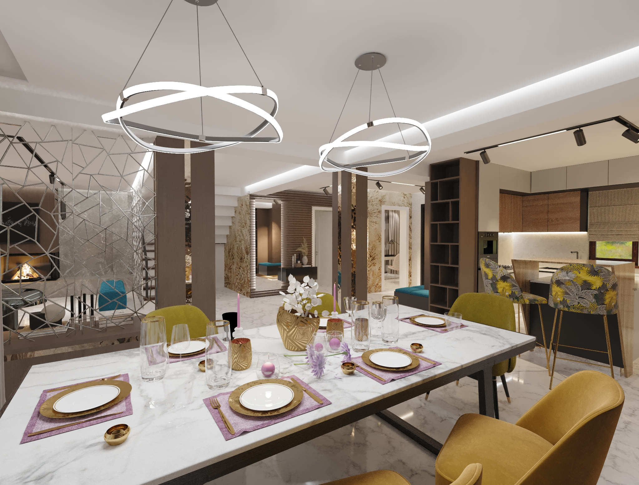 Mobila bucatarie din MDF vopsit, Blat ceramic, Electrocasnice bucatarie, Masa placata cu ceramica, Banda de iluminare cu led, Masa Dining de 6 persoane, Scaune dining tapitate, Perdea in doua nuante, Oglinzi decorative