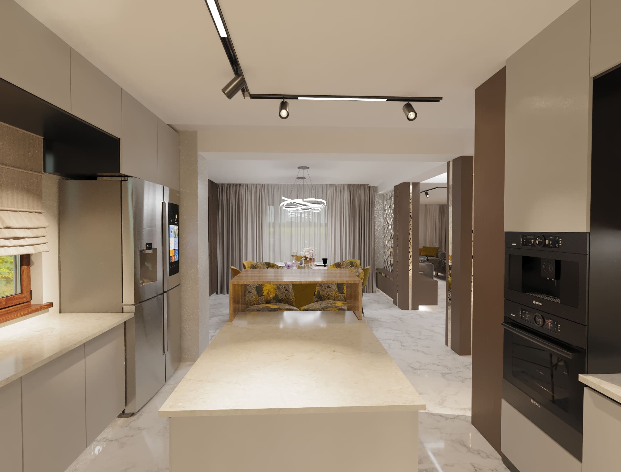 Mobila bucatarie din MDF vopsit, Blat ceramic, Electrocasnice bucatarie, Masa placata cu ceramica, Banda de iluminare cu led, Masa Dining de 6 persoane, Scaune dining tapitate, Perdea in doua nuante, Oglinzi decorative